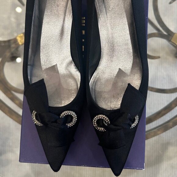 Stewart Weitzman, Size 7M, Black Satin with Rhinestones - Picture 3 of 5